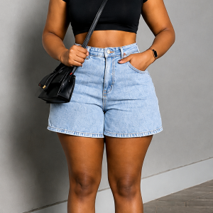 Light-wash high-waisted denim shorts
