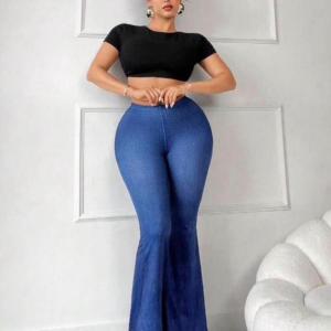Plus Size, [Printed Pants - Not Denim Fabric] Plus Size Casual Fashion Imitation Denim Print, Elastic Waist Versatile Comfortable Women's Flare Pants, Trousers