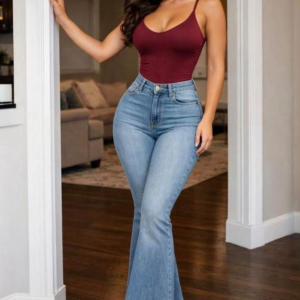High-waisted, medium-wash flared denim jeans.